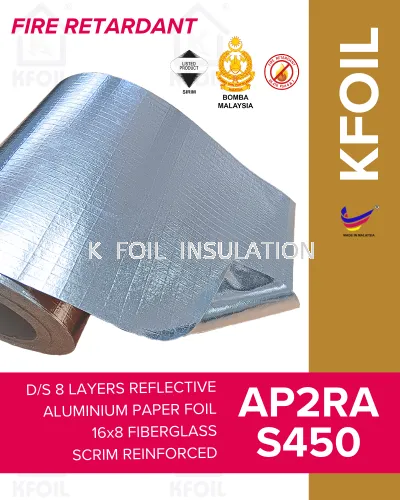 (AP2RA S450) Fire Retardant D/S 8 Layers Reflective Aluminium Paper Foil,16x8 Fiberglass Scrim Reinforced (W1.25m)