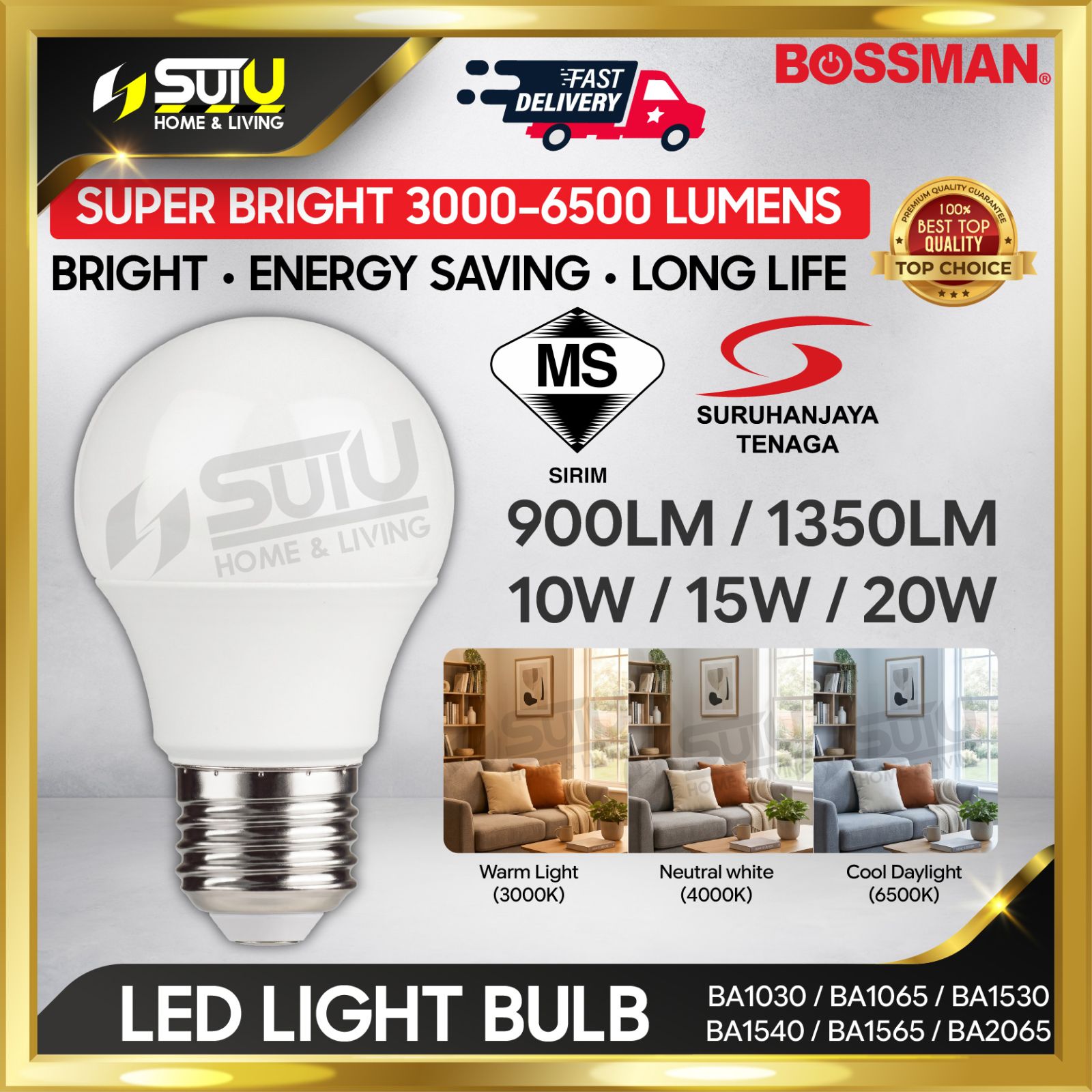 [SIRIM] BOSSMAN BA1030 / 1065 / 1530 / 1540 / 1565 /2065 900LM ~ 1350LM LED Light Bulb 10W / 15W / 20W