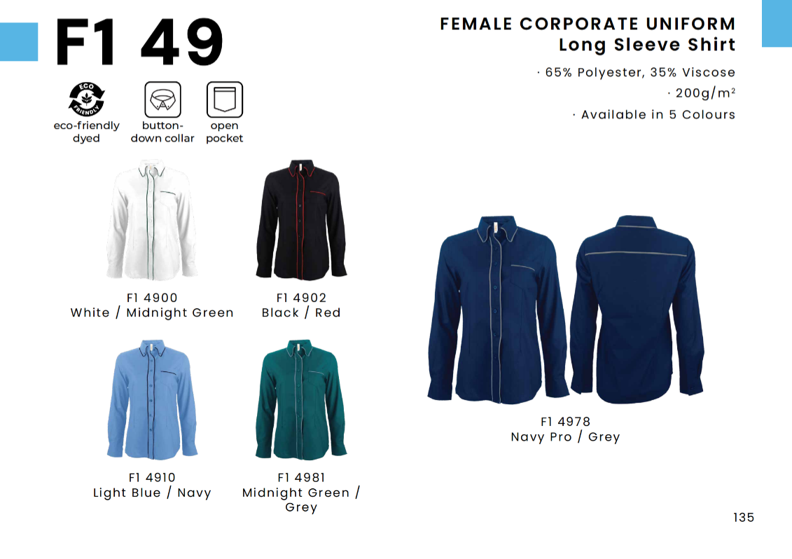 F1 49 Female Corporate Uniform Long Sleeve Shirt | Premium Business Uniform for Women