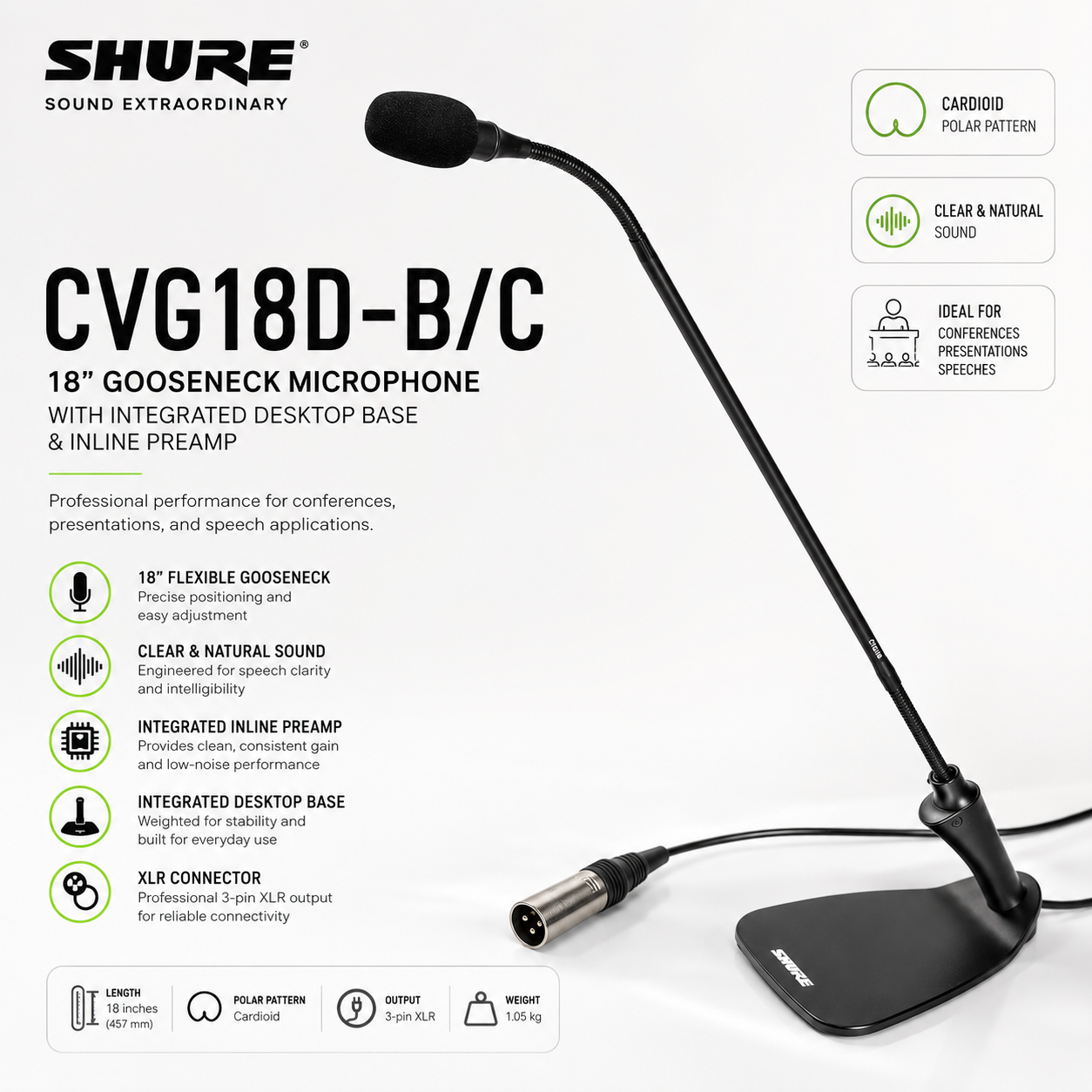 Shure CVG18D-B/C Mikrofon Gooseneck 18” dengan Tapak Meja Bersepadu & Preamplifier Sebaris