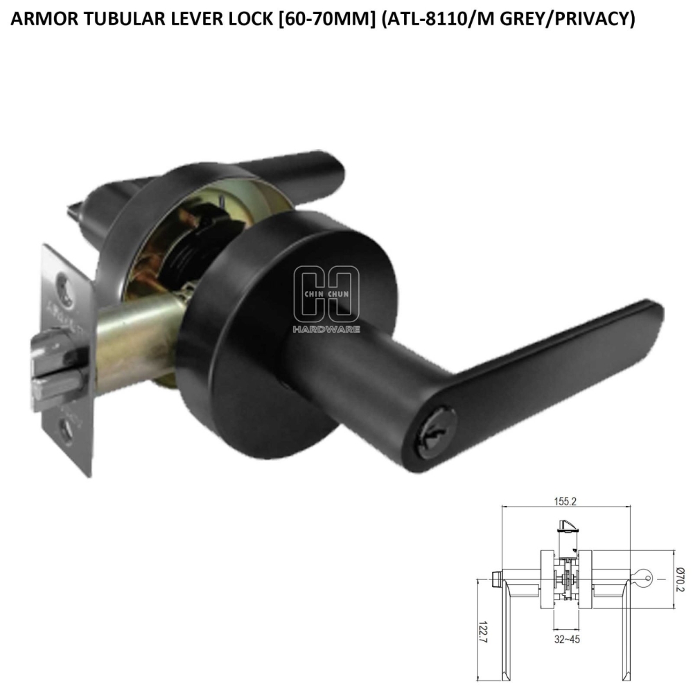 ARMOR TUBULAR LEVER LOCK ATL-R1506/M BLACK/PRIVACY 60-70MM