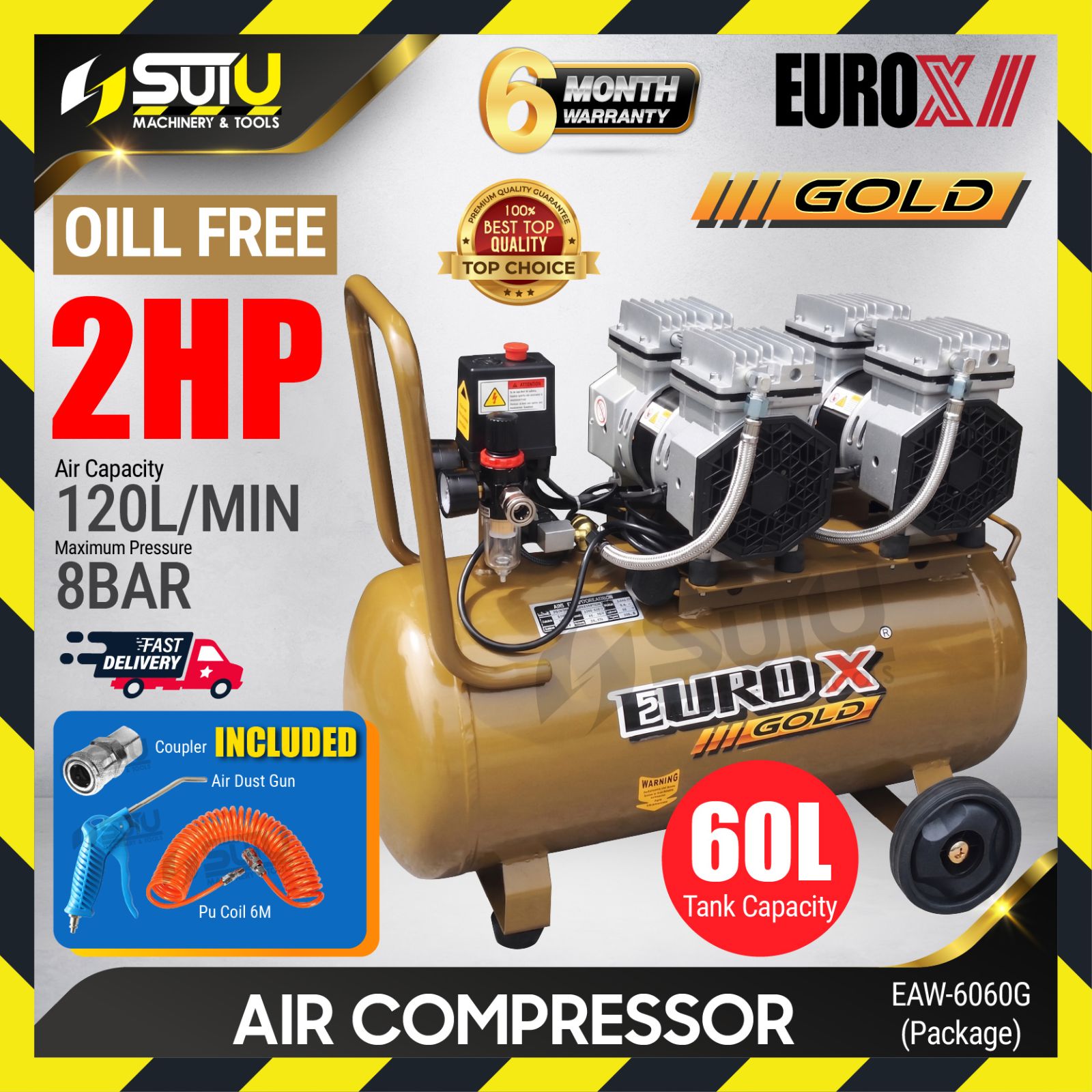 [PACKAGE] EUROX GOLD EAW6060G / EAW-6060G / EAW6060 2HP 8Bar 60L Silent Oil Free / Oilless Air Compressor / Kompressor