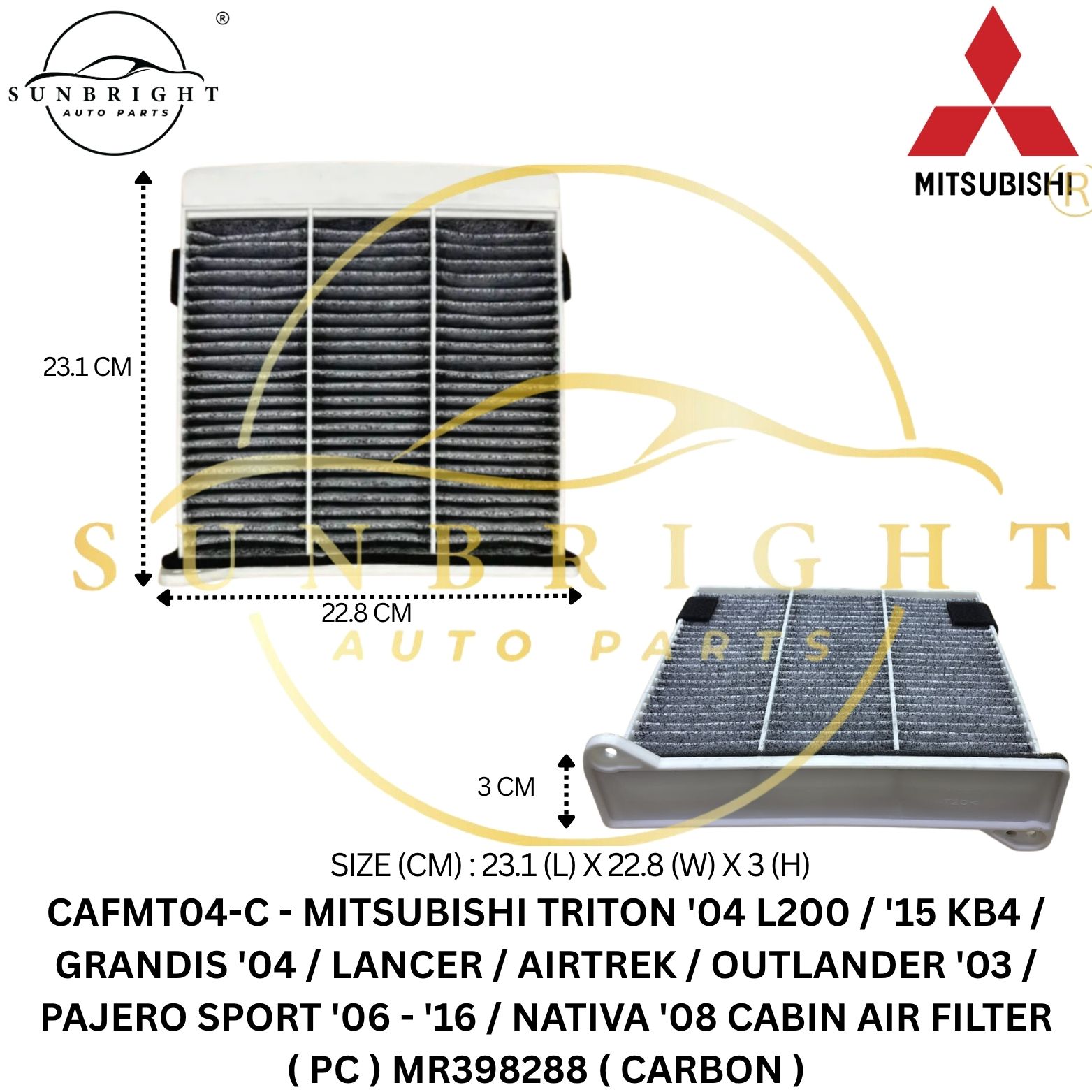 CAFMT04-C - MITSUBISHI TRITON '04 L200 / '15 KB4 / GRANDIS '04 / LANCER / AIRTREK / OUTLANDER '03 / PAJERO SPORT '06 - '16 / NATIVA '08 CABIN AIR FILTER ( PC ) MR398288 ( CARBON )