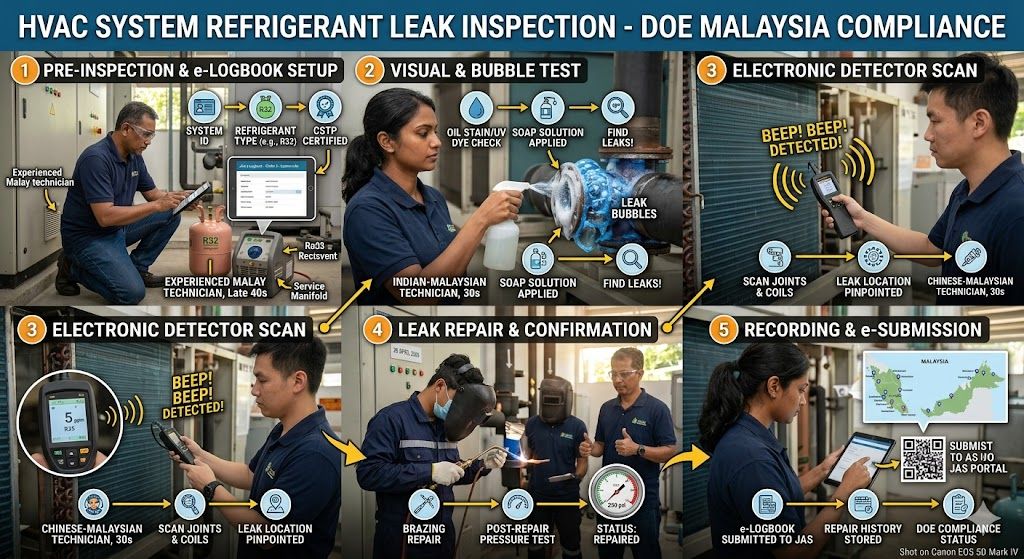 HVAC system refrigerant leak inspection Malaysia DOE