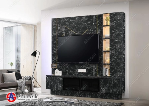 TV615606 (8'ft) Black Marble Modern Contemporary TV Display Cabinet