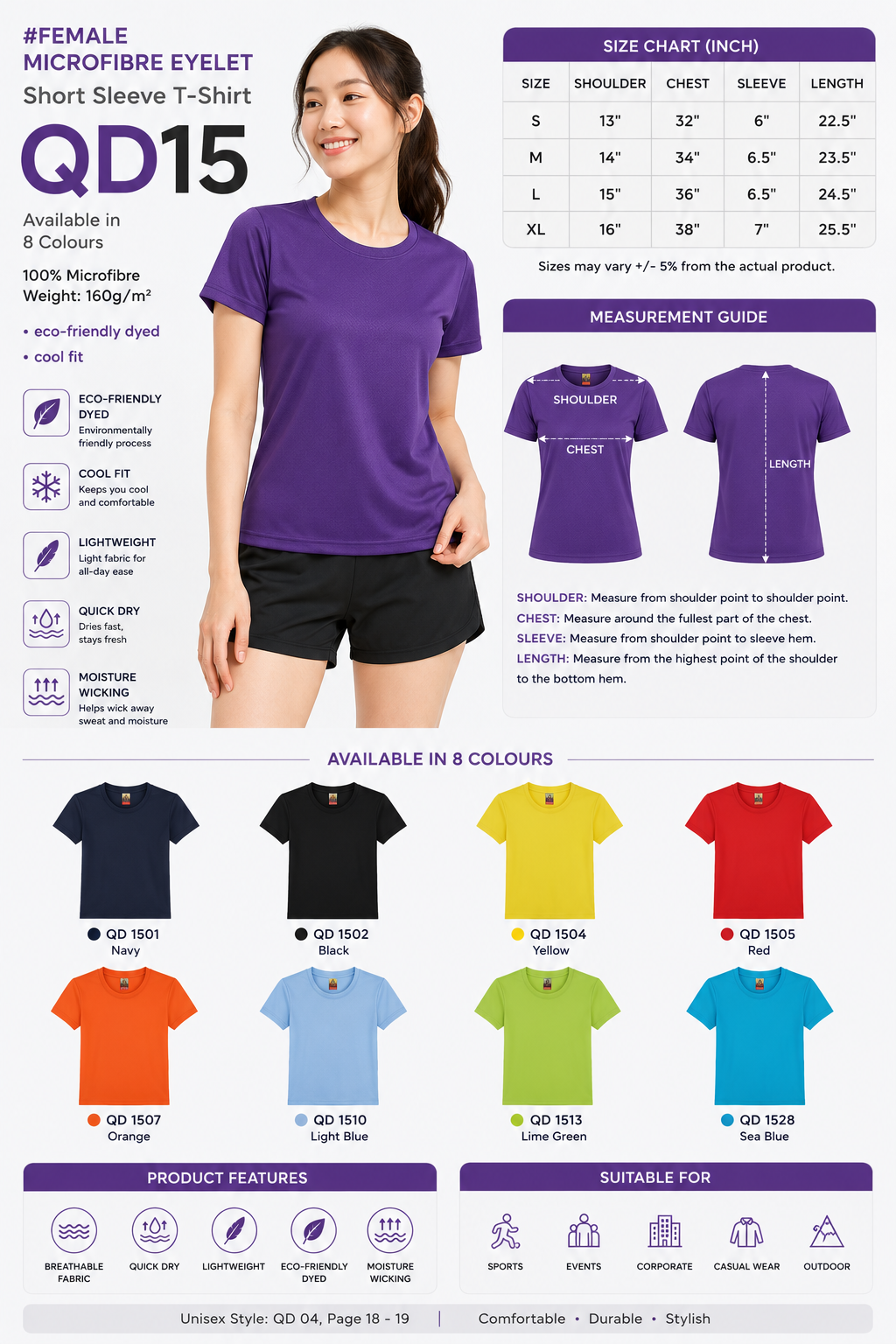 QD15 Female Microfibre Eyelet Short Sleeve T-Shirt