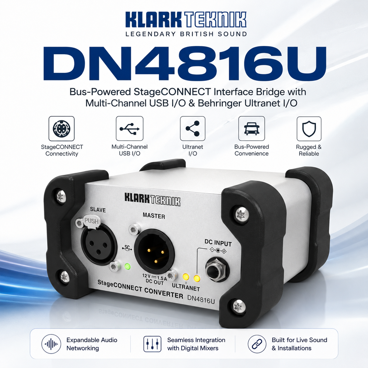Klark Teknik DN4816U – 总线供电 StageCONNECT 接口桥，配备多通道 USB 输入/输出及 Behringer Ultranet 输入/输出