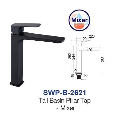 SWP-B-2621  Tall Basin Pillar Tap - Brass  Mixer MATT BLACK