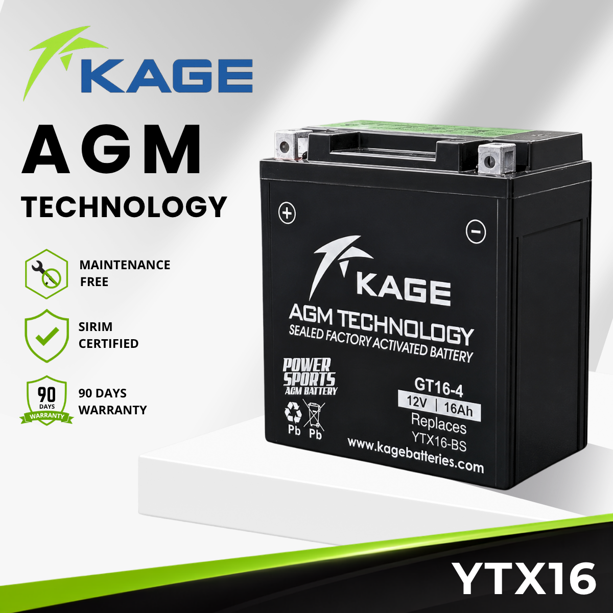 YTX16-BS KAGE - Bateri  VZR1800/Moto Guzzi Norge 1200 GT (2011)/Kawasaki VN 1700 Voyager/VN1500LT/A500F/VX800/Harley Davidson XL