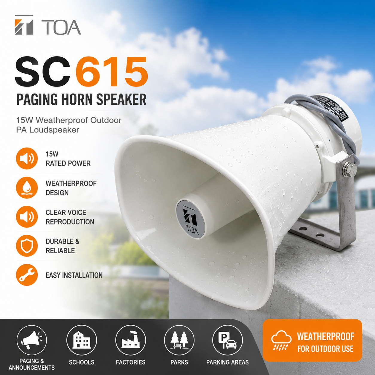 TOA SC615 Paging Horn Speaker – 15W Weatherproof Outdoor PA Loudspeaker