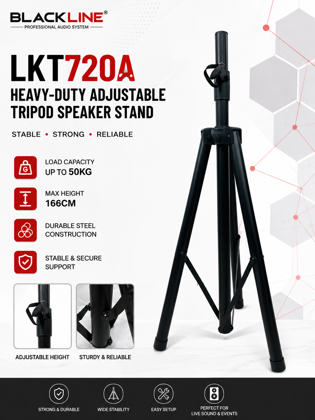 Blackline LKT720A – Kaki Pembesar Suara Tripod Tugas Berat Boleh Laras (Sehingga 50kg, Tinggi Maksimum 166cm)