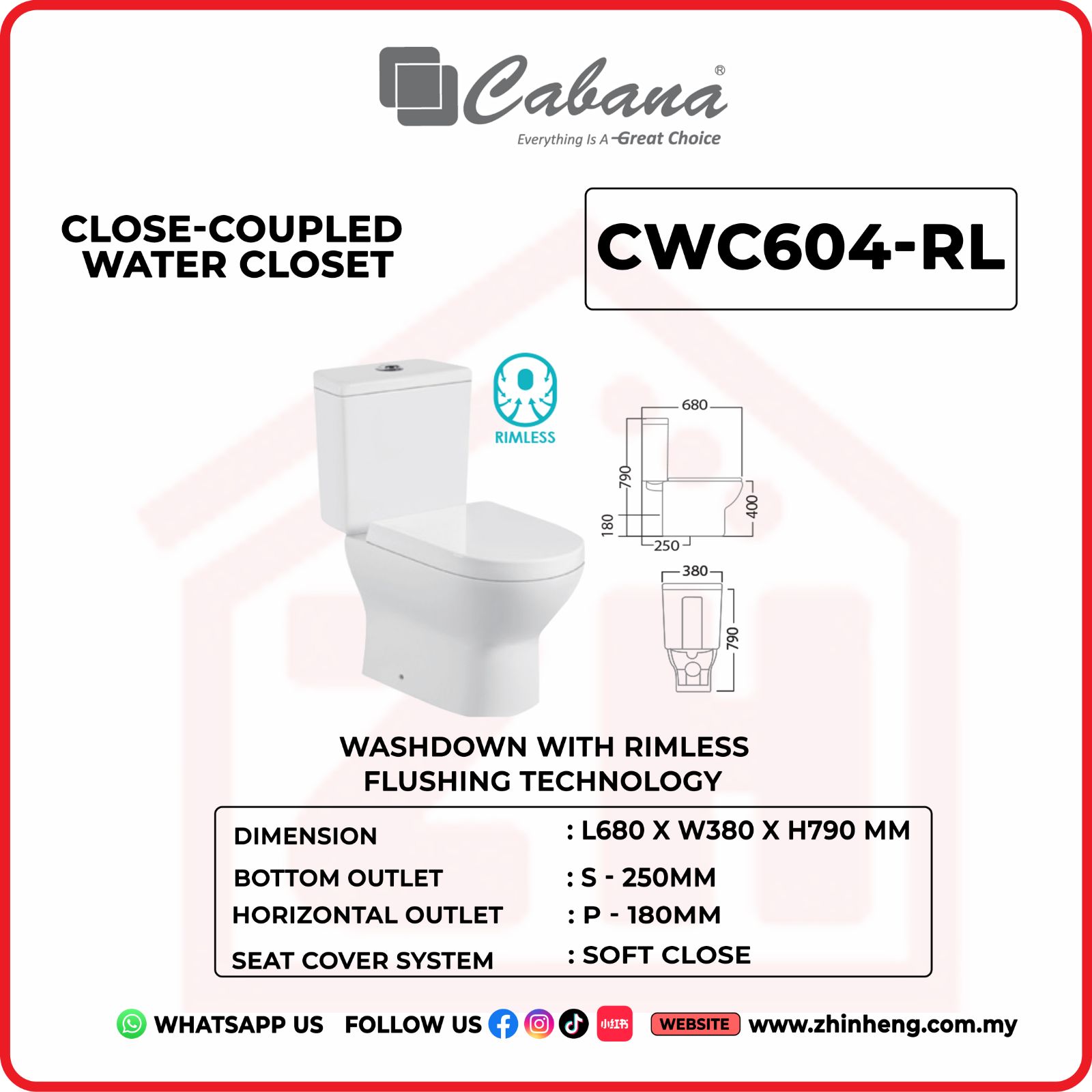 CABANA CWC604-RL CLOSE-COUPLED WATER CLOSET WASHDOWN WITH RIMLESS FLUSHING TECHNOLOGY