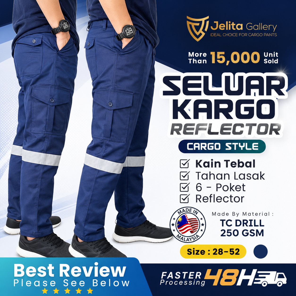 Reflective Cargo Pants Navy Blue 6 Pockets Seluar Kerja Reflector