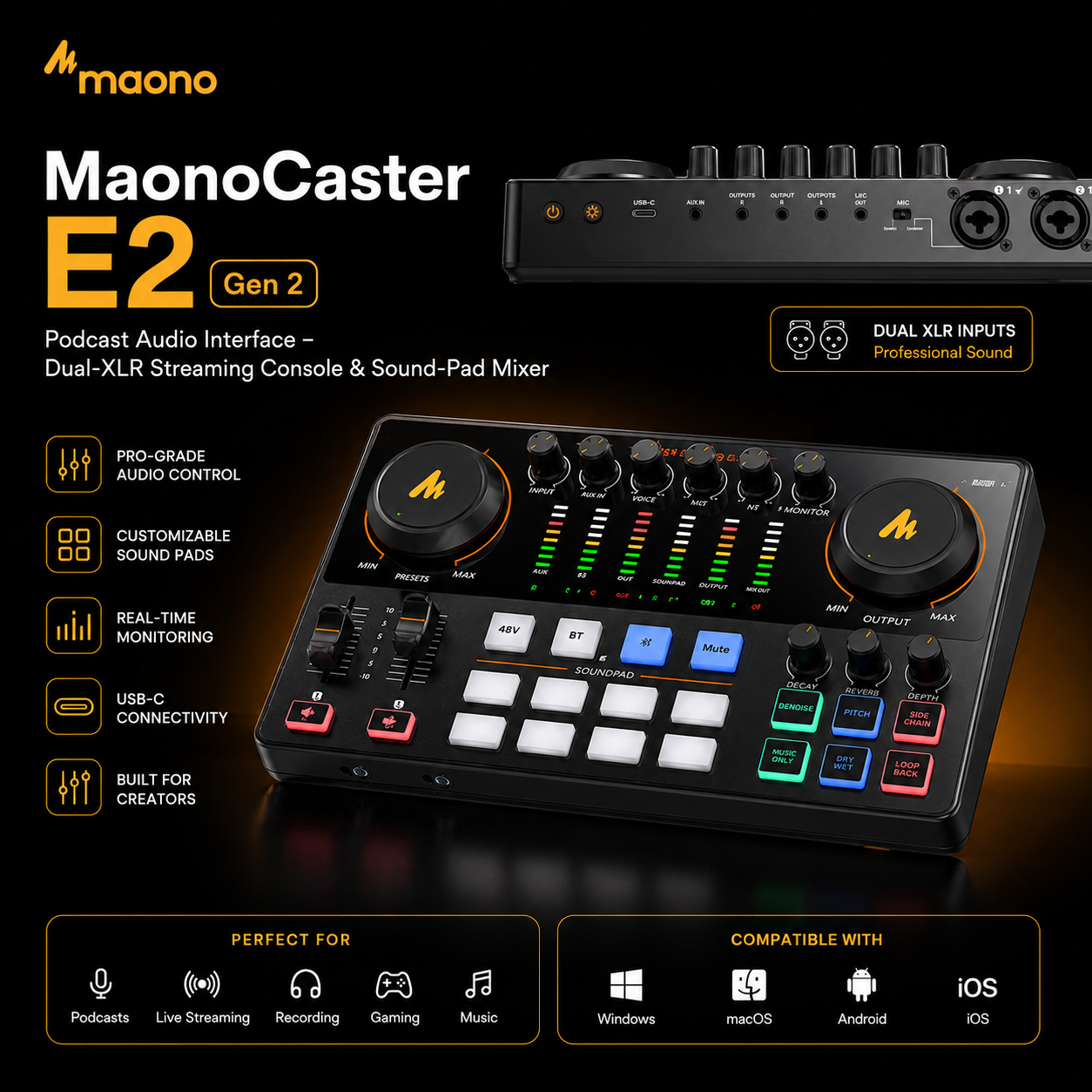 MaonoCaster E2 Gen 2 Konsol Audio Podcast – Antara Muka Strim dengan Dua XLR & Pad Bunyi