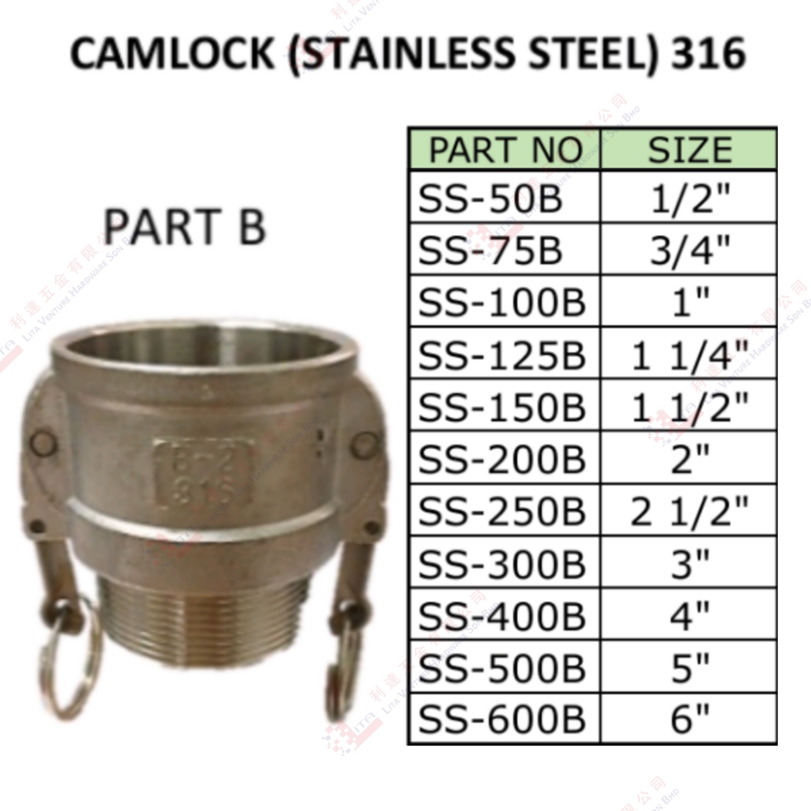 CAMLOCK S.STEEL 316 - SS50B SS75B SS100B SS125B SS150B SS200B SS250B SS300B SS400B SS500B SS600B