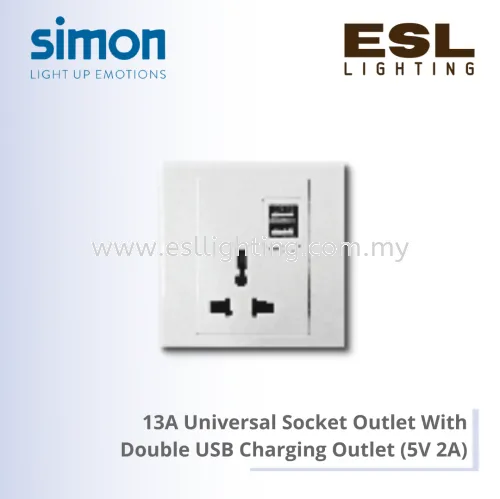 Simon Switch E3 SERIES 13A Universal Socket Outlet With Double USB Charging Outlet (5V 2A) - 306725