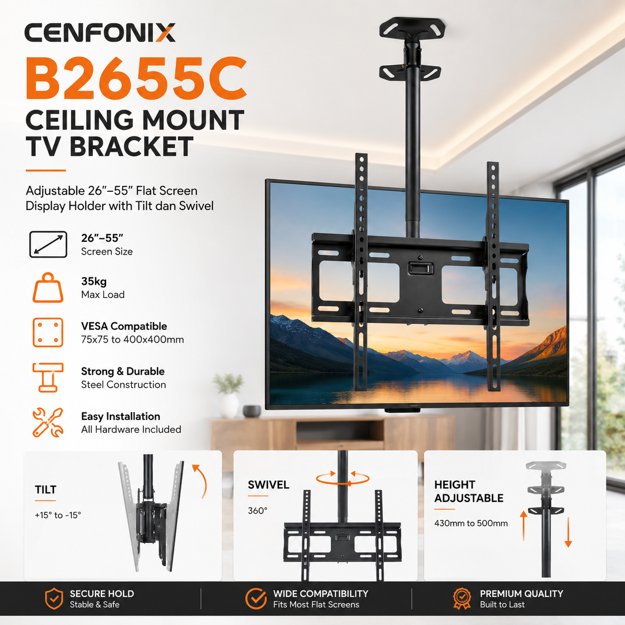 Cenfonix B2655C Braket TV Siling – Penyokong Boleh Laras untuk TV 26″–55″ dengan Ciri Condong dan Putar