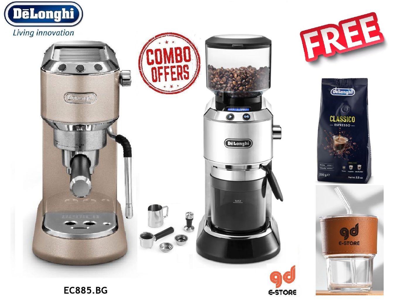 Delonghi Dedica Arte - EC885.BG + Dedica Conical Burr Grinder - KG521.M