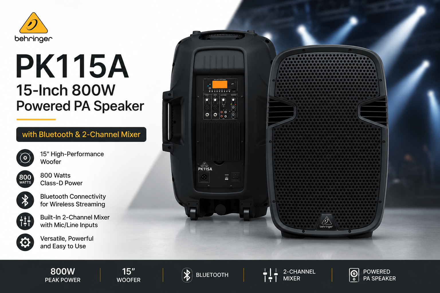 Behringer PK115A – 15英寸800W有源PA音箱，内置蓝牙与双通道混音器