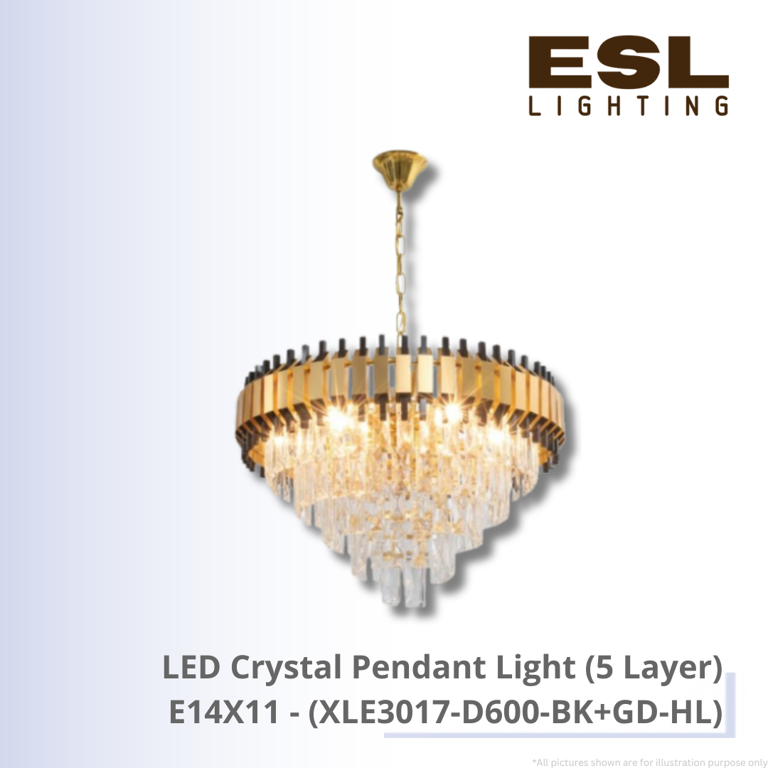LED Crystal Pendant Light E14X11 (5Layer) - XLE3017-D600-BK+GD-HL