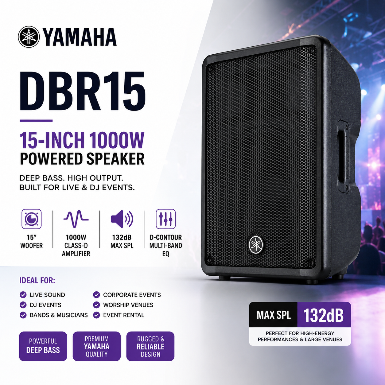 Yamaha DBR15 – 15英寸 1000W 有源音箱，深沉低频 & 132dB 最大声压，适用于现场演出和DJ活动