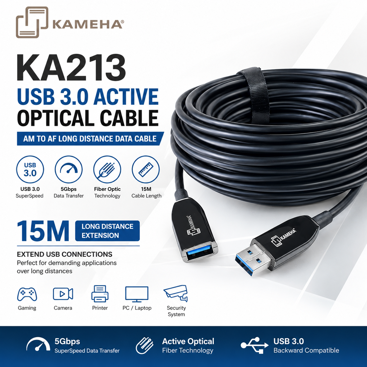 KAMEHA KA213 USB 3.0 有源光纤延长线 15米 AM转AF 5Gbps 超高速USB扩展线 长距离稳定传输