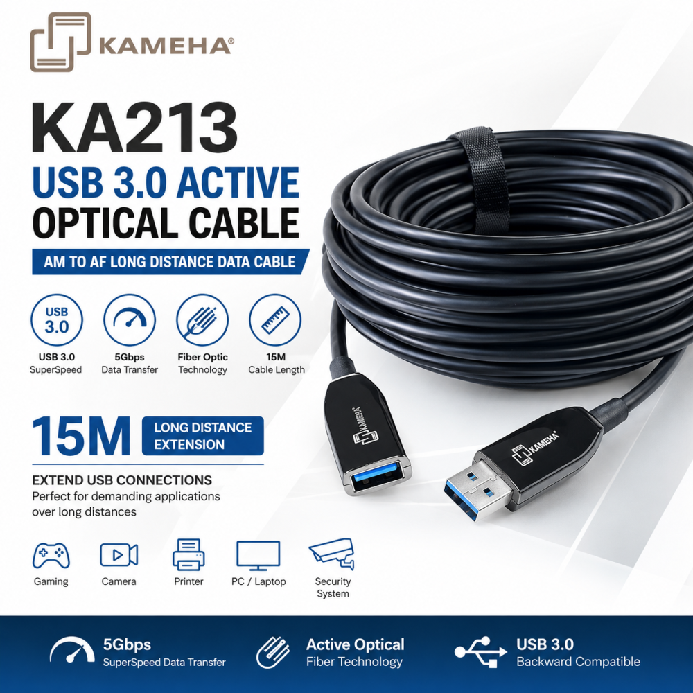 KAMEHA KA213 USB 3.0 Active Optical Cable 15M โ SuperSpeed 5Gbps USB Extension AM to AF Long Distance Data Cable