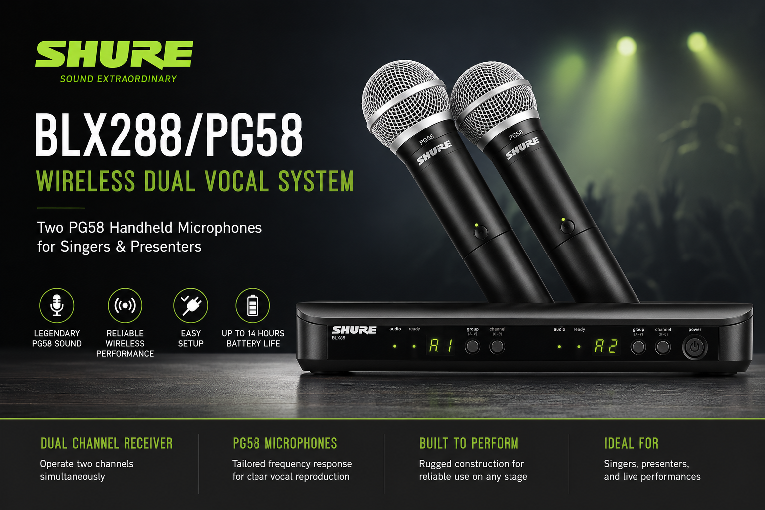Shure BLX288/PG58 Sistem Vokal Dual Tanpa Wayar – Dua Mikrofon Pegang PG58 untuk Penyanyi & Penceramah