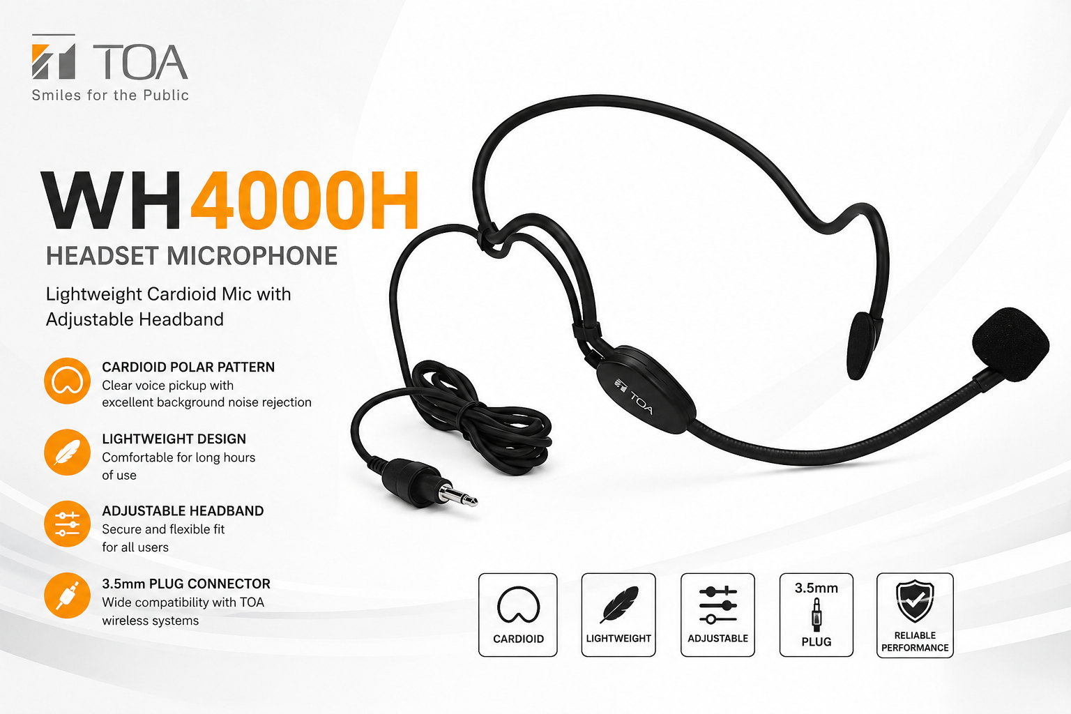 TOA WH4000H Mikrofon Headset – Mikrofon Kardioidtoa Ringan dengan Ikat Kepala Boleh Laras