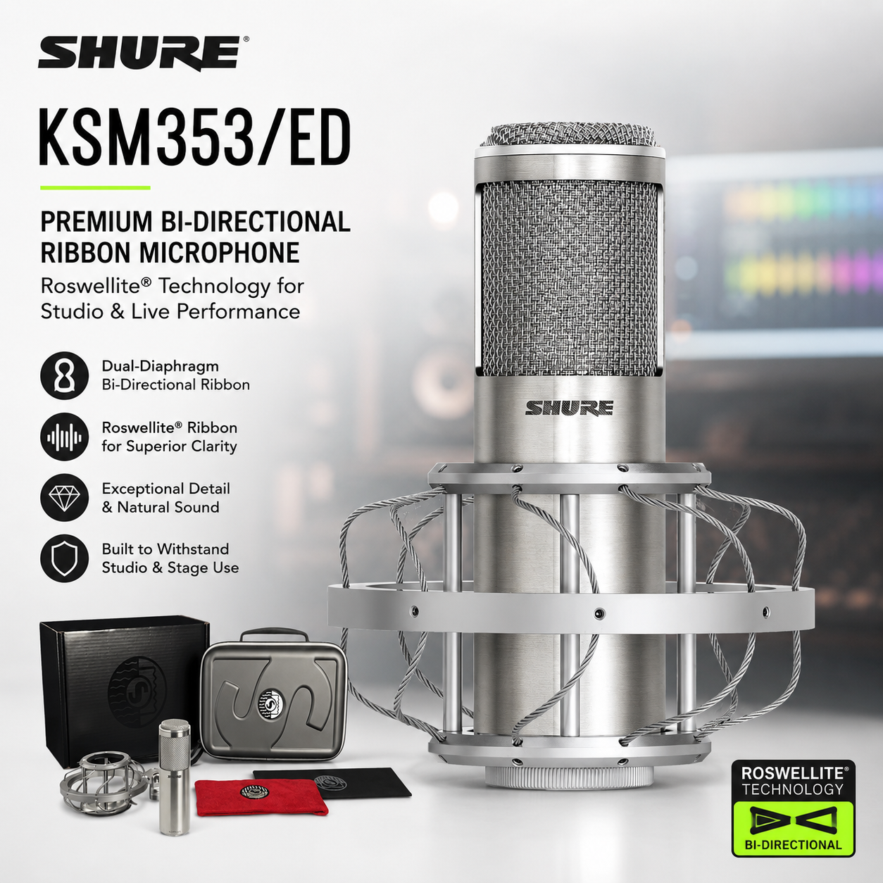 Shure KSM353/ED Premium Bi-Directional Ribbon Microphone – Roswellite® Technology for Studio & Live Performance