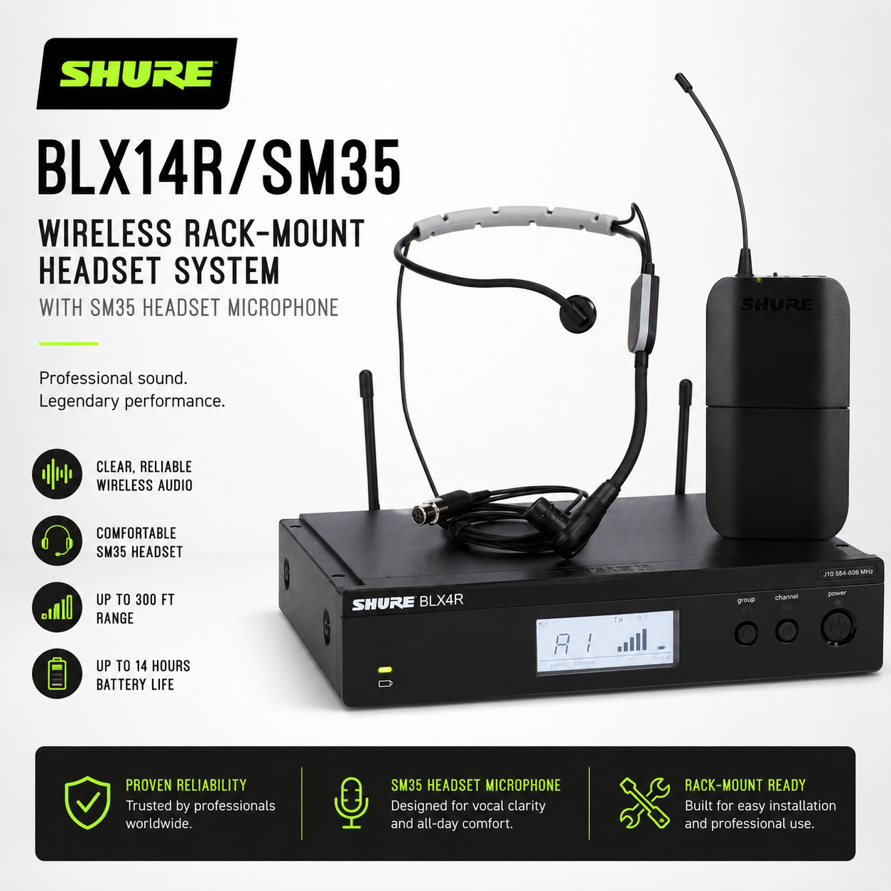 Shure BLX14R/SM35 – Sistem Headset Rak-Terpasang Tanpa Wayar dengan Mikrofon Headset SM35