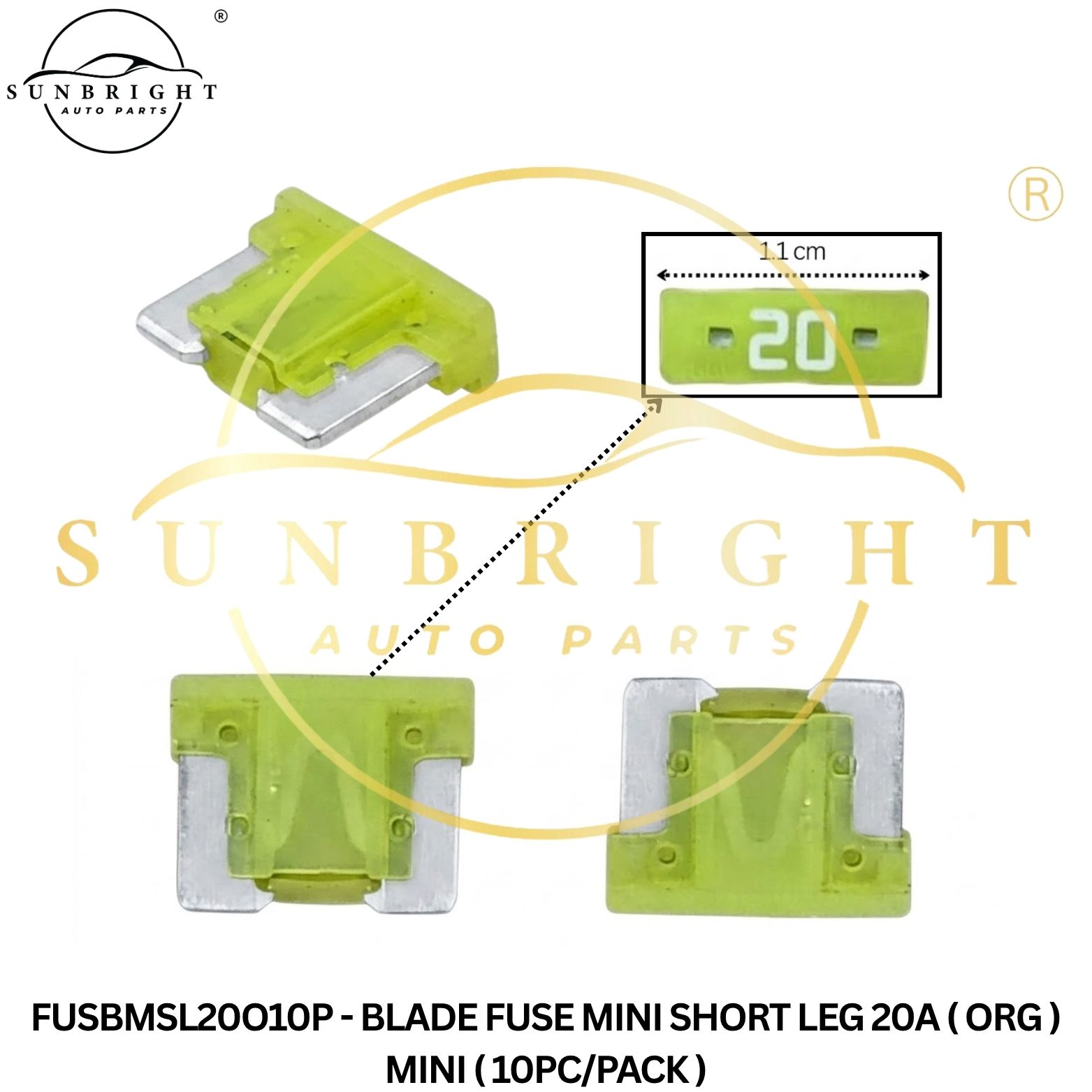 FUSBMSL20O10P - BLADE FUSE MINI SHORT LEG 20A ( ORG ) MINI ( 10PC/PACK )