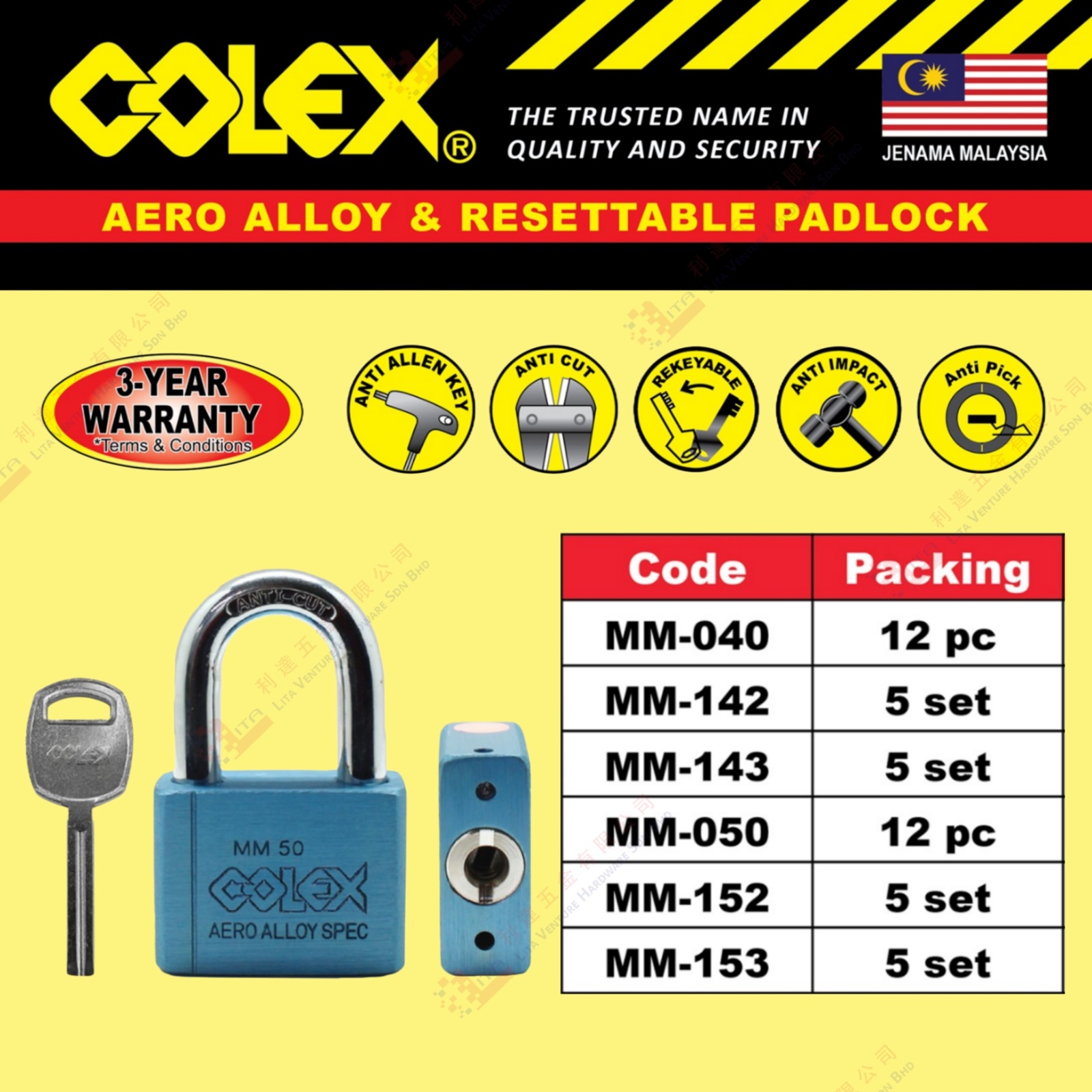COLEX BRAND AERO ALLOY & RESETTABLE PADLOCK - MM040 MM142 MM143 MM050 MM152 MM153