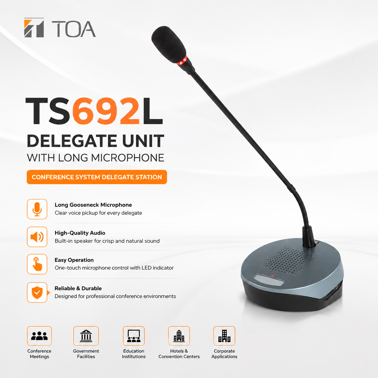 TOA TS692L Delegate Unit with Long Microphone – Conference System Delegate Station