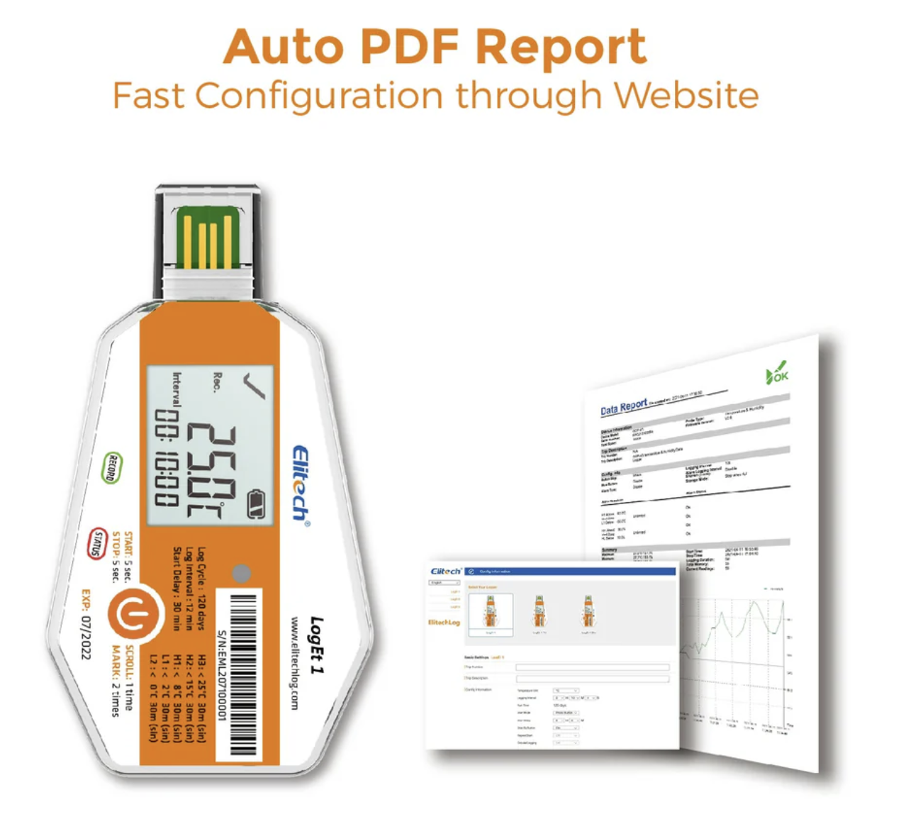 Elitech LogEt 1 Temperature Data Logger Single Use PDF Report USB Port 16000 Points，-30℃-70℃/-22℉-158℉