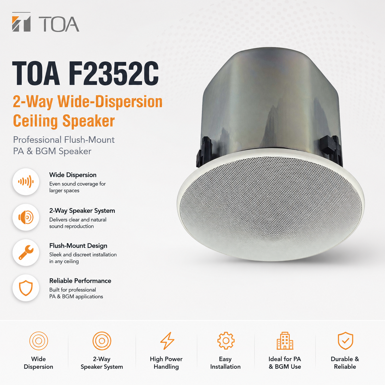 TOA F2352C 2-Way Wide-Dispersion Ceiling Speaker – Professional Flush-Mount PA & BGM Speaker