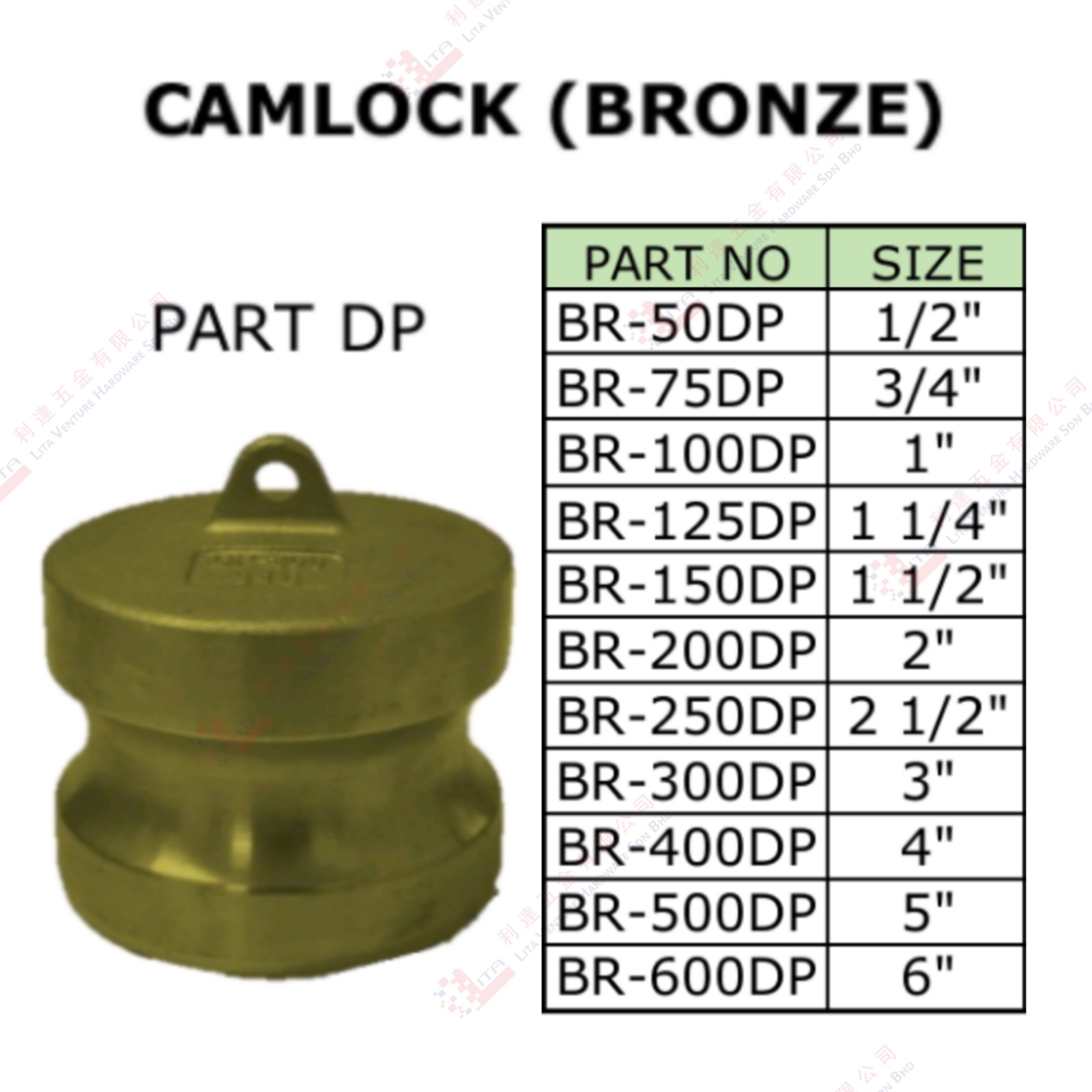 CAMLOCK (BRONZE) - BR50DP BR75DP BR100DP BR125DP BR150DP BR200DP BR250DP BR300DP BR400DP BR500DP BR600DP