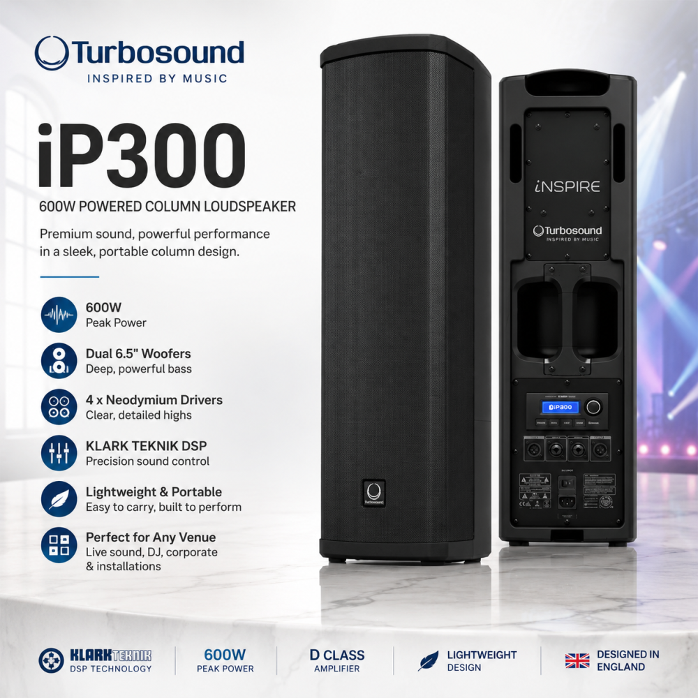 Turbosound iP300 â 600W Powered Column Loudspeaker with Dual 6.5" Woofers & 4 Neodymium Drivers