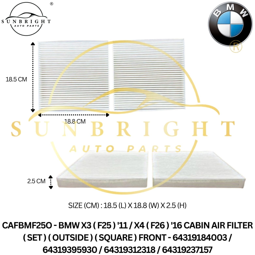 CAFBMF25O - BMW F25 X3 '11 CABIN AIR FILTER ( OUTSIDE ) ( SQUARE ) - FRONT - 64319184003