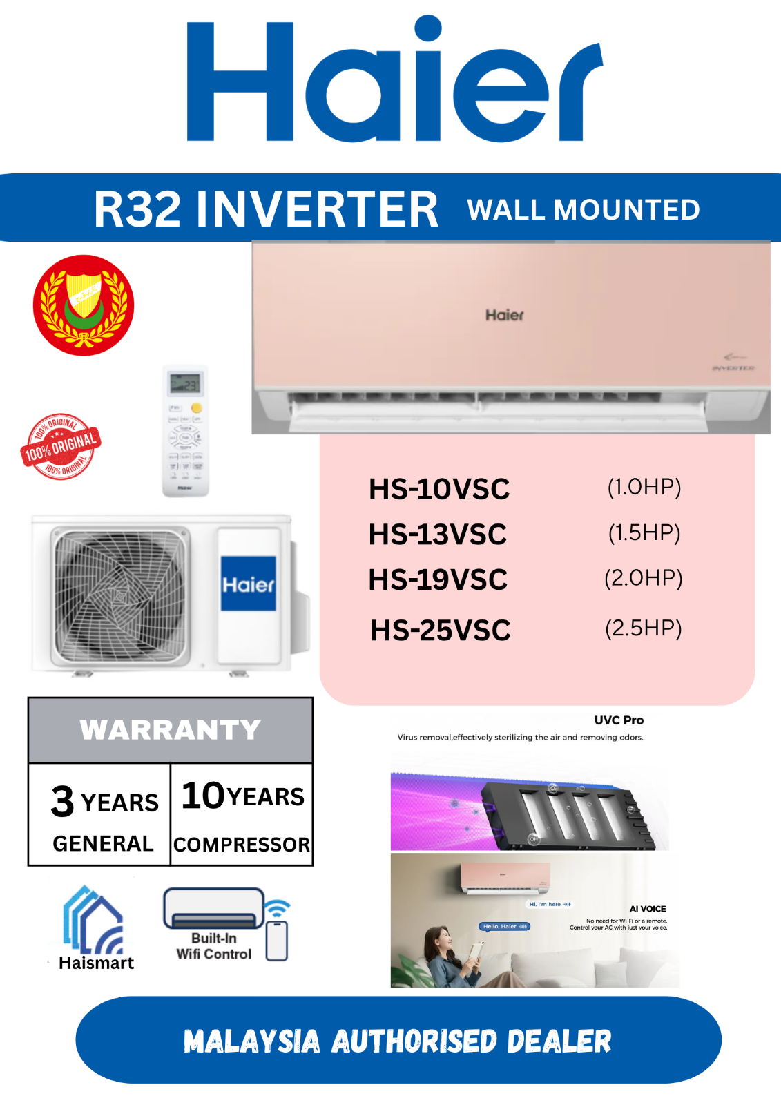 HAIER R32 INVERTER WALL MOUNTED AIRCOND VSC SERIES 1.0HP - 2.5HP HS-10VSC HS-13VSC HS-19VSC HS-25VSC 5-STAR WIFI UVC PRO AI VOICE PINK FRONT PANEL
