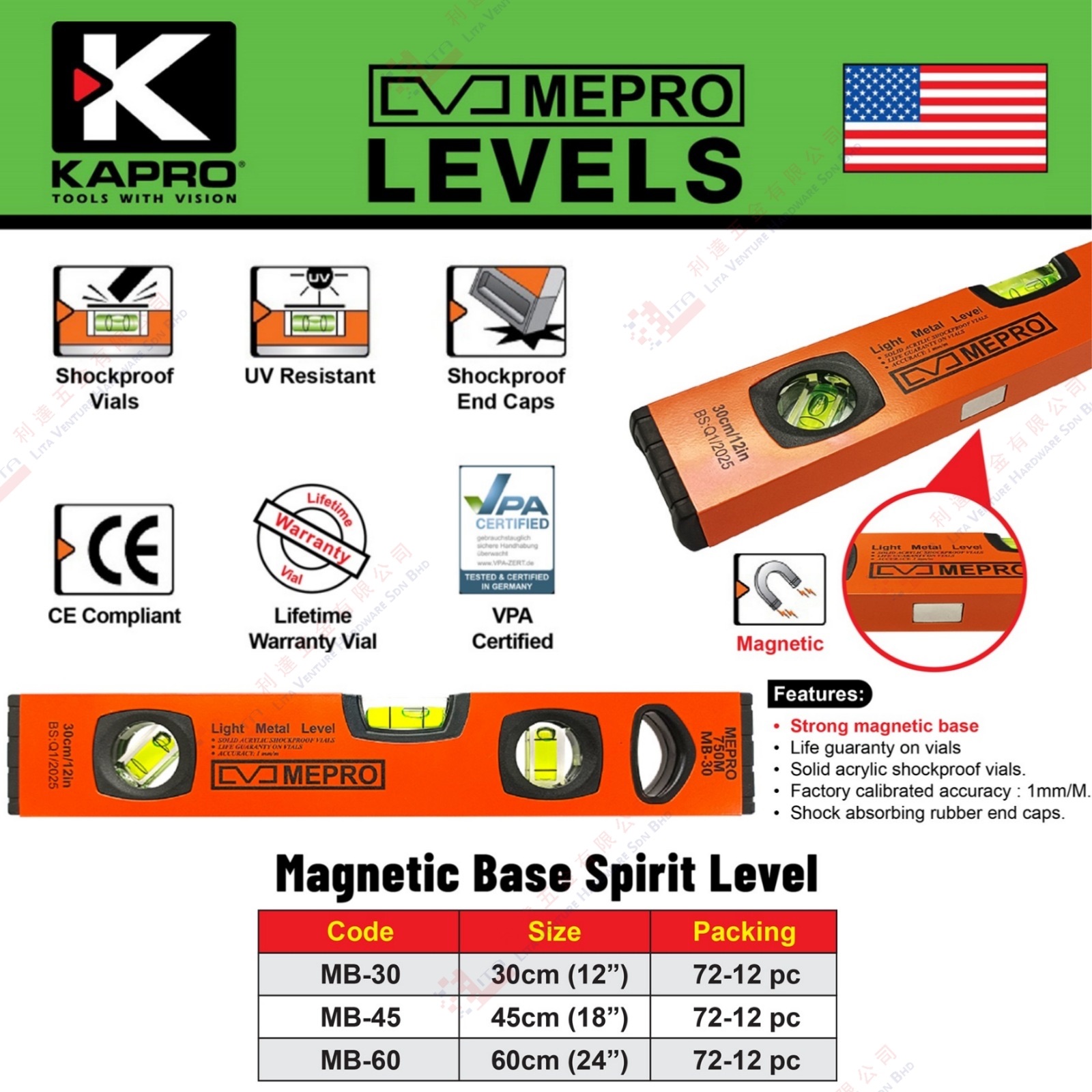KAPPO BRAND MAGNETIC BASE SPIRIT LEVEL - MB30 MB45 MB60