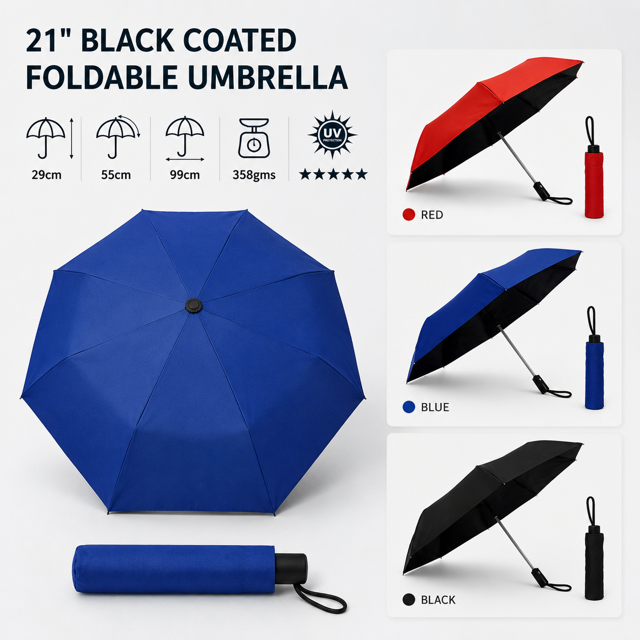 UV Protection (Black Coated Inner) Auto Open & Close Folding Umbrella 21in & 23in