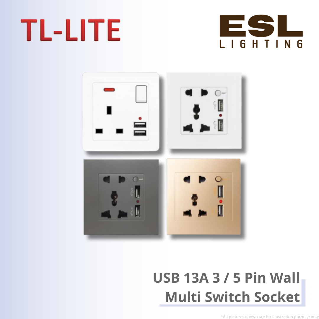 TL-LITE USB 13A 3 / 5 Pin Wall Multi Switch Socket