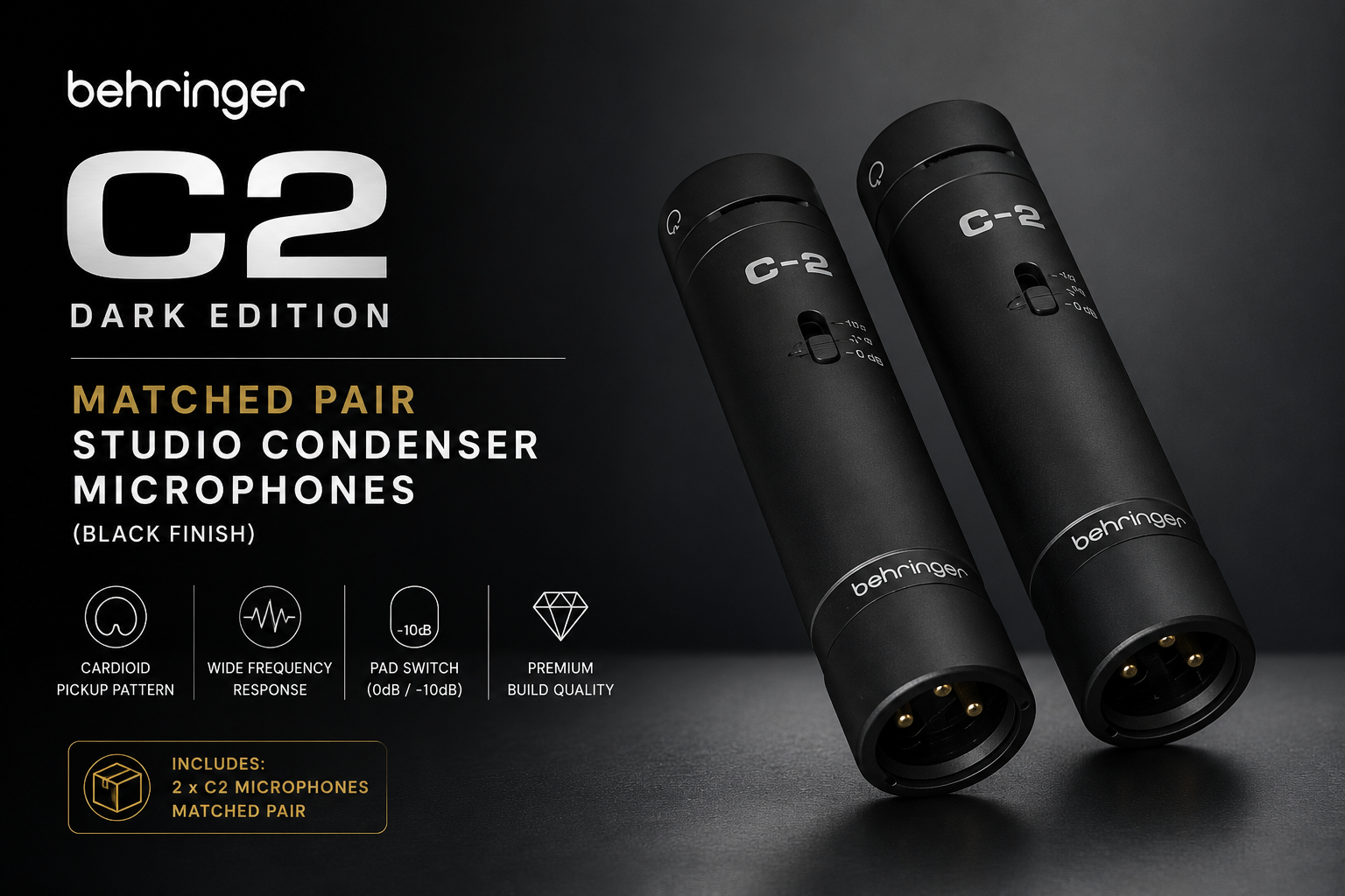 Behringer C2 深色版 – 匹配立体声录音电容麦克风套装（黑色款）