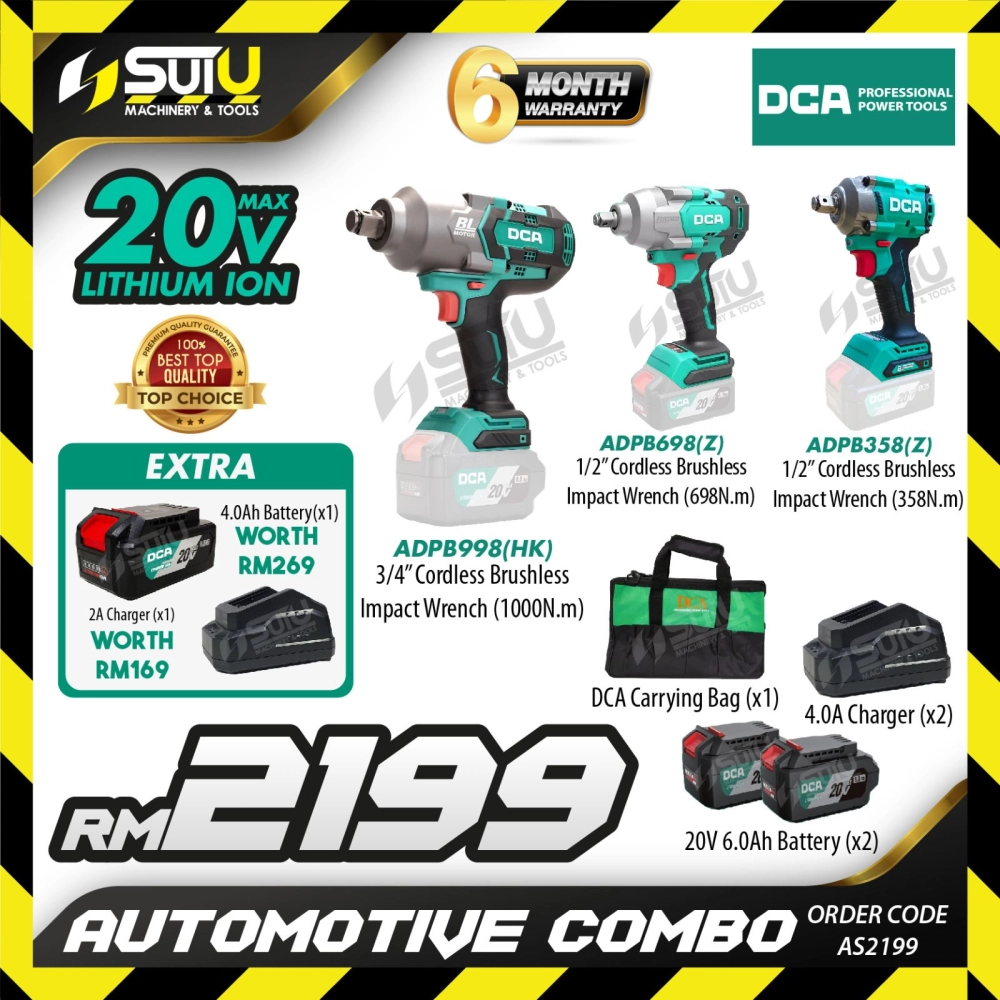 DCA AS2199 20V Automotive Combo Set ADPB698 + ADPB358+ ADPB998 Cordless Impact Wrench c/w Batt & Char