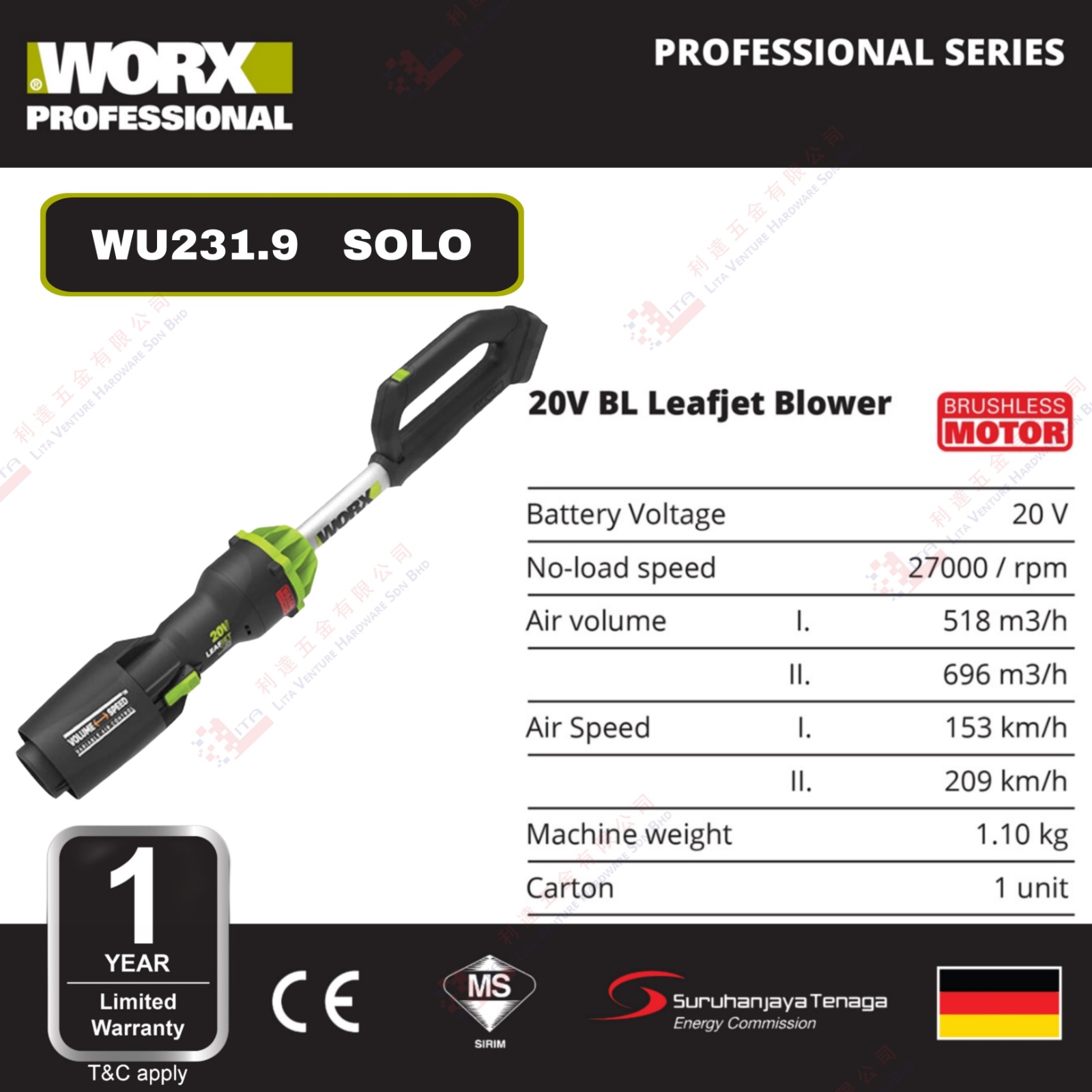 WORX BRAND 20V BL LEAFJET BLOWER - WU231.9