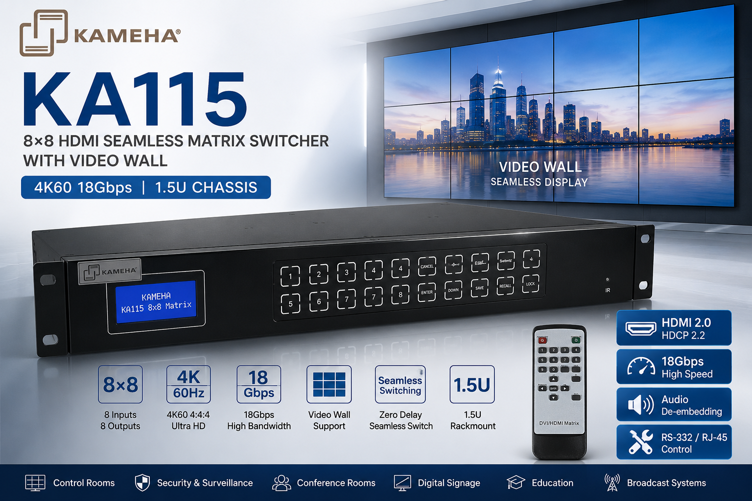 KAMEHA KA115 8×8 HDMI Seamless Matrix Switcher with Video Wall – 4K60 18Gbps | 1.5U Chassis