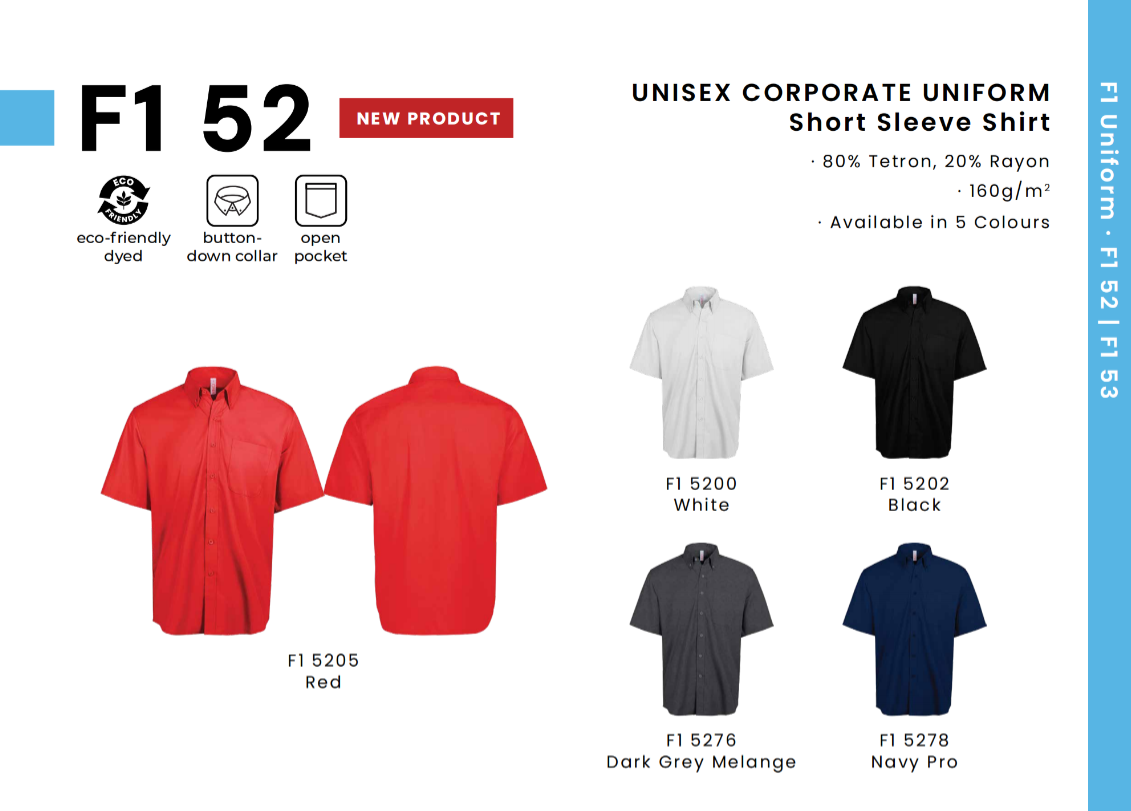 F1 52 – Unisex Corporate Uniform Short Sleeve Shirt