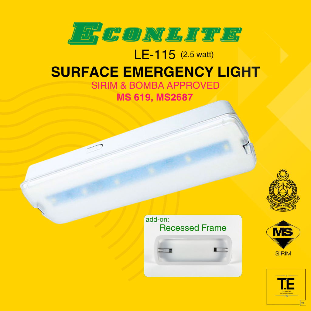 LE-115 Econlite Surface/ Recessed Emergency Light | 2.5w (5 x 0.5 watt) | (Sirim &amp; Bomba Approved) | IP-20 | MS 619 &amp; MS 2687