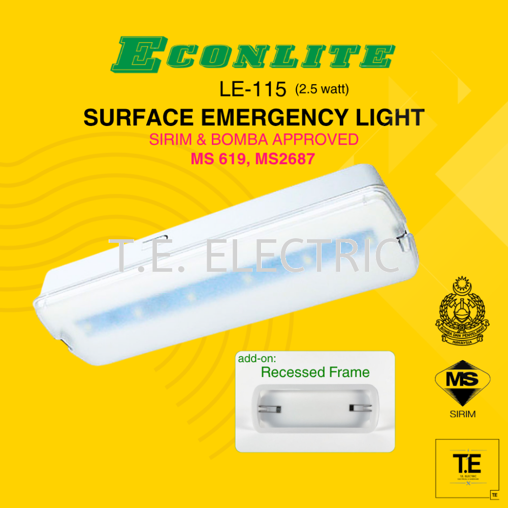 LE-115 Econlite Surface/ Recessed Emergency Light | 2.5w (5 x 0.5 watt) | (Sirim & Bomba Approved) | IP-20 | MS 619 & MS 2687